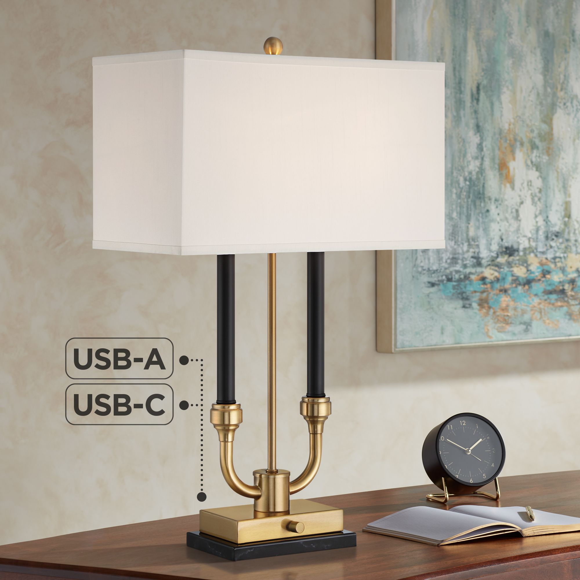 Regency Hill Barclay 28" Traditional Black Gold Lamp Dual USB Ports