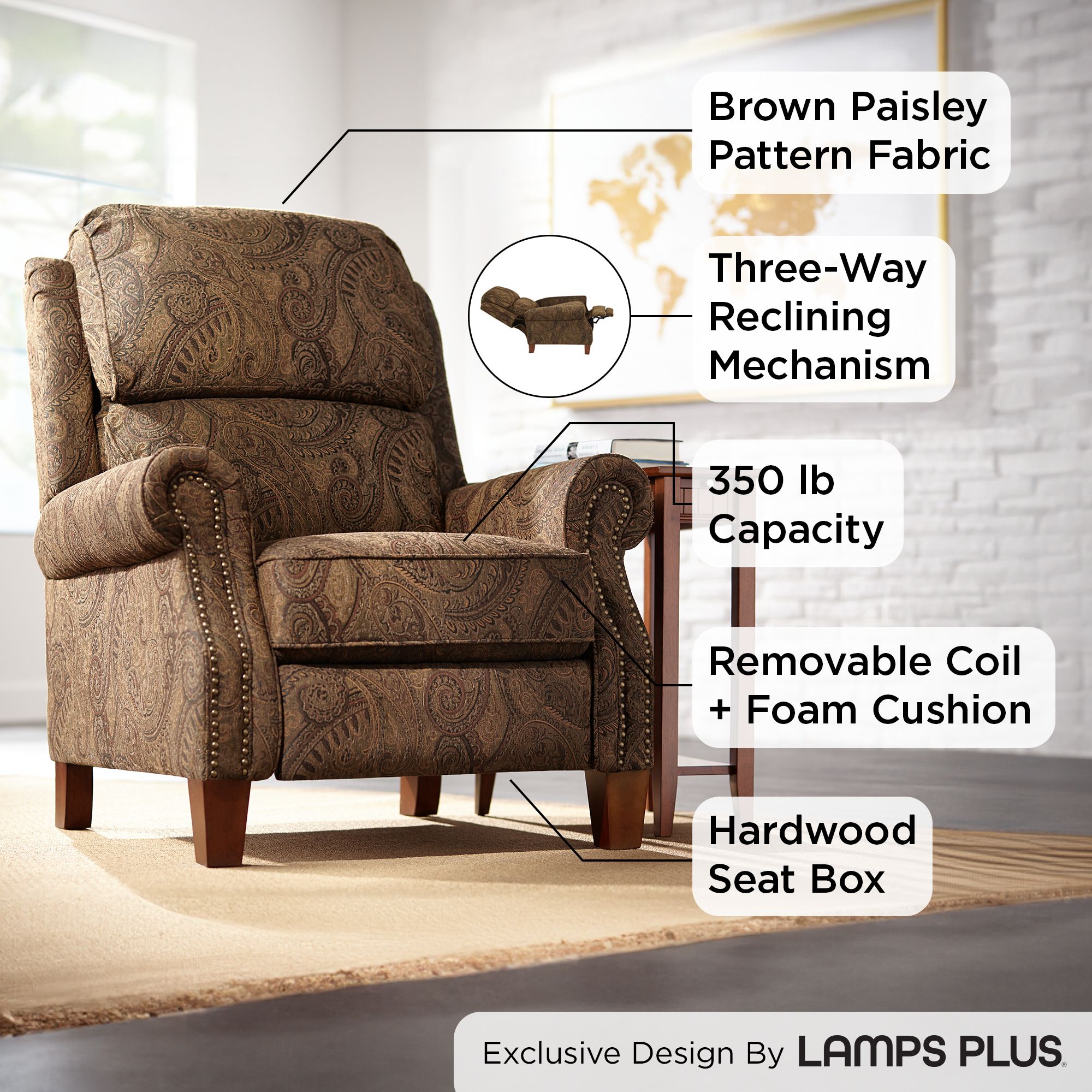 Image 3 Regency Hill Beaumont 35" Wide Brown Paisley 3-Way Recliner more views