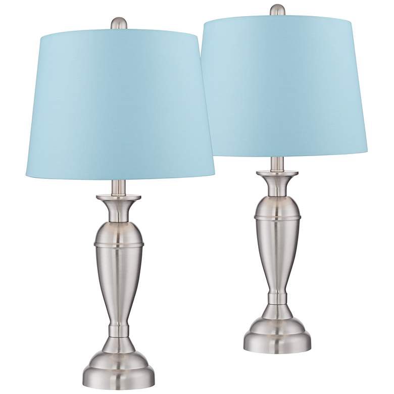 Image 1 Regency Hill Blair 25" Brushed Nickel Blue Shade Table Lamps Set of 2