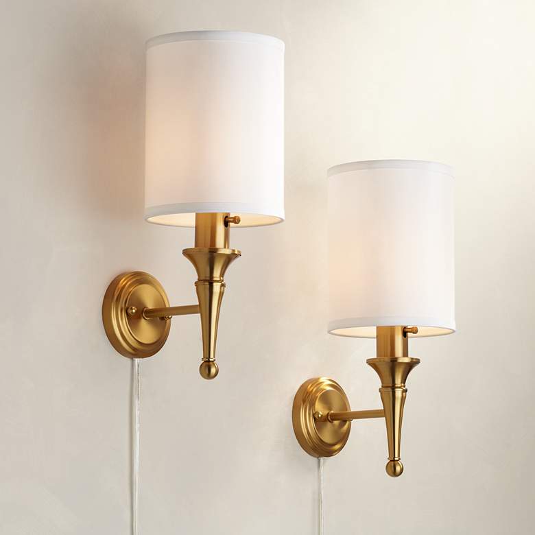 Image 1 Regency Hill Braidy Warm Gold Traditional Plug-In Wall Sconces Set of 2