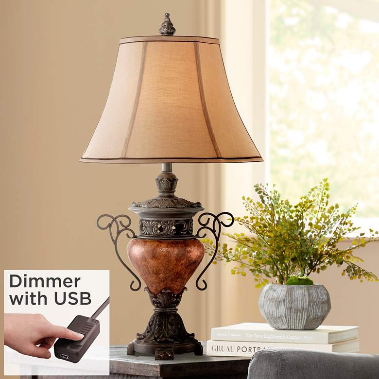 Image 1 Regency Hill Bronze Crackle Traditional Urn Table Lamp with USB Cord Dimmer
