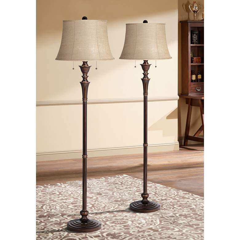 Image 1 Regency Hill Brooke Pull Chain Traditional Bronze Floor Lamps Set of 2