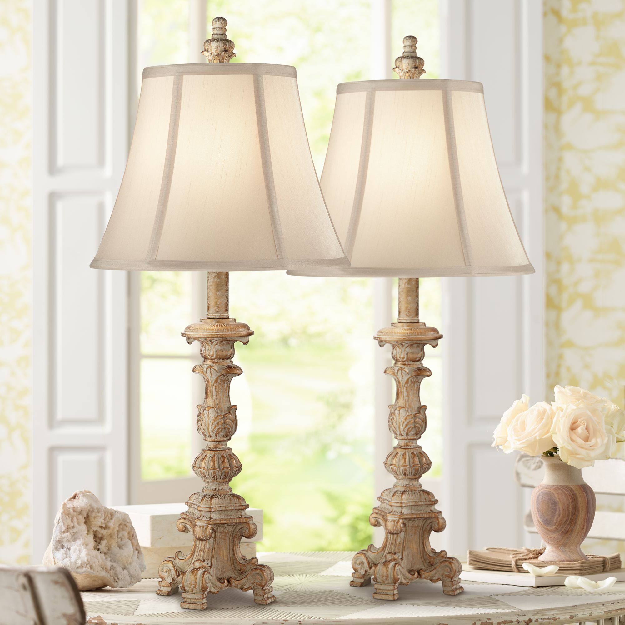 Regency Hill Elize Whitewash Traditional Candlestick Lamps Set of