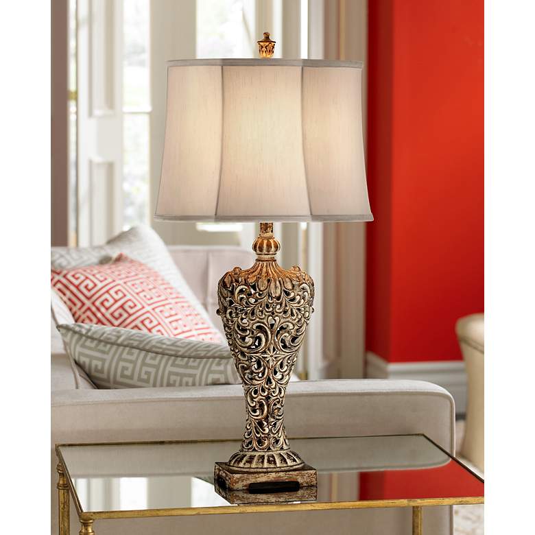 Image 2 Regency Hill Elle 33" Carved Antique Gold Classic Scroll Table Lamp
