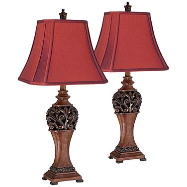 Regency Hill Exeter 30" Wood Finish Red Shade Table Lamps Set of 2