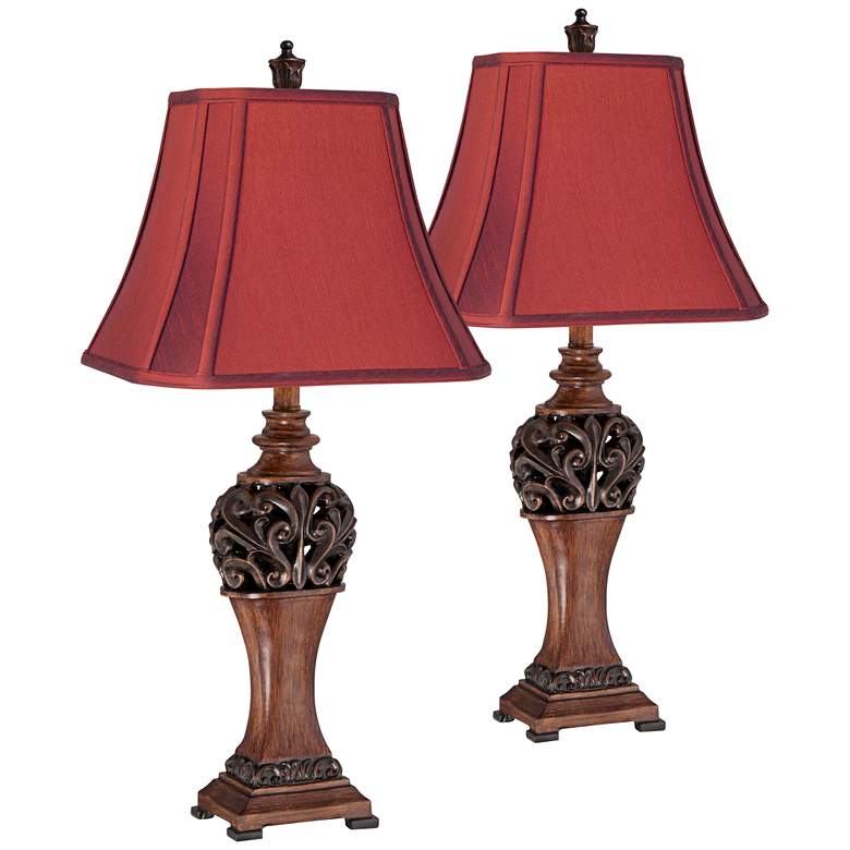 Image 1 Regency Hill Exeter Wood Finish Red Shade Traditional Table Lamps Set of 2