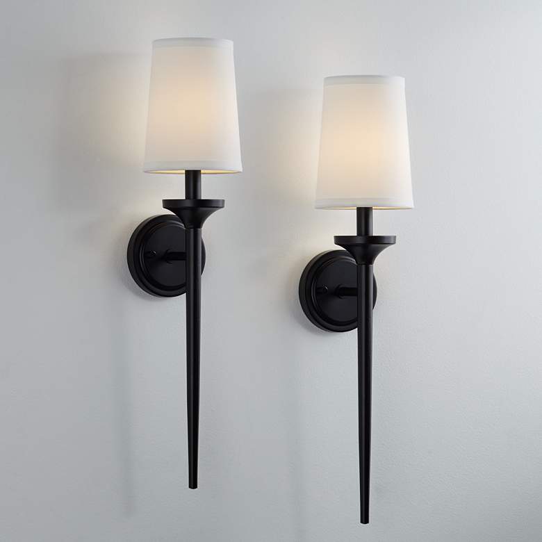Image 1 Regency Hill Ferris 24" High Linen Shade Black Wall Sconces Set of 2