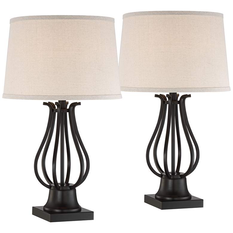 Image 2 Regency Hill Hadley Bronze Metal Table Lamps with Plug Outlets Set of 2