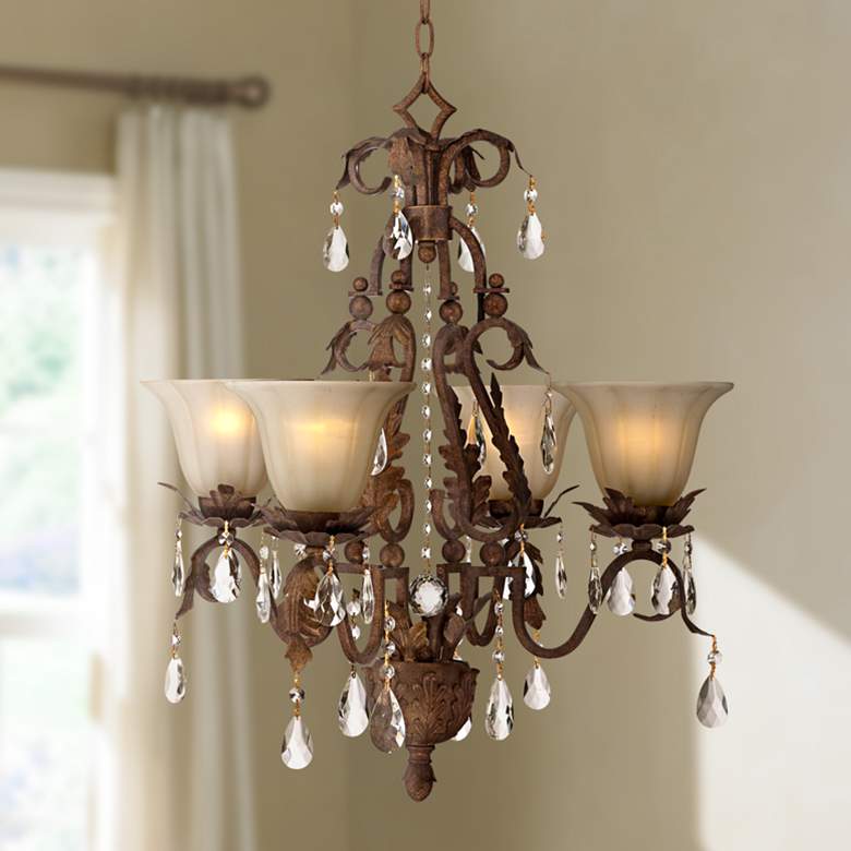 Image 1 Regency Hill Iron Leaf 21 3/4" Bronze and Crystal 4-Light Chandelier