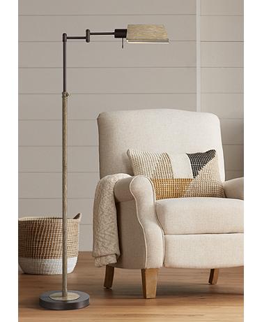 Regency Hill Jenson Bronze and Faux Wood Adjustable Swing Arm Floor Lamp