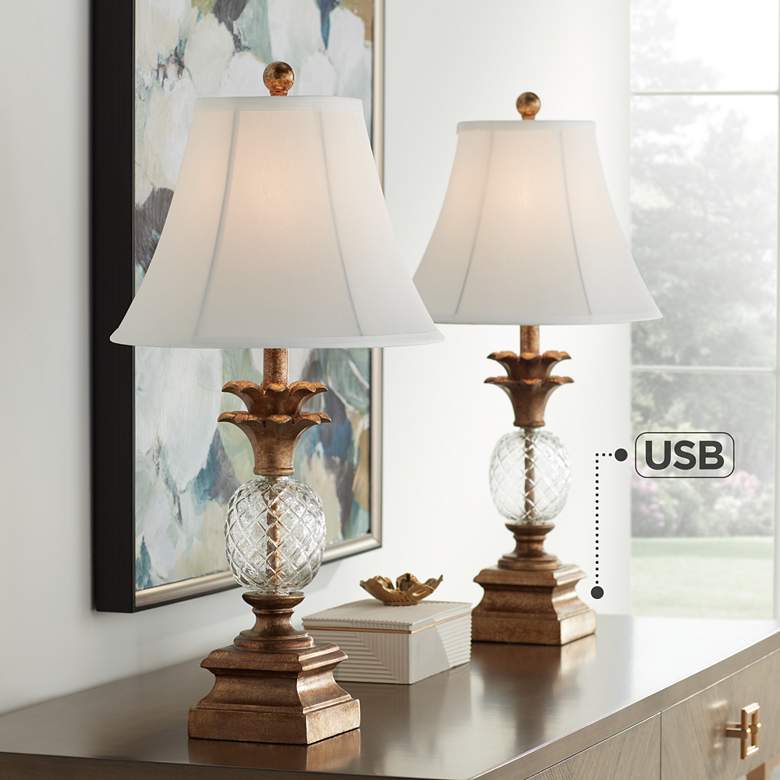 Image 1 Regency Hill Kona Pineapple Bronzed Brass Textured Glass USB Lamps Set of 2