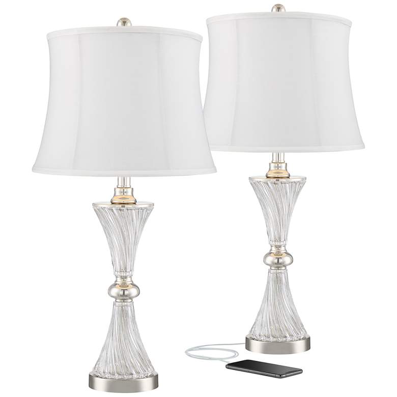 Image 1 Regency Hill Luca Chrome and Glass White Shade USB Table Lamps Set of 2