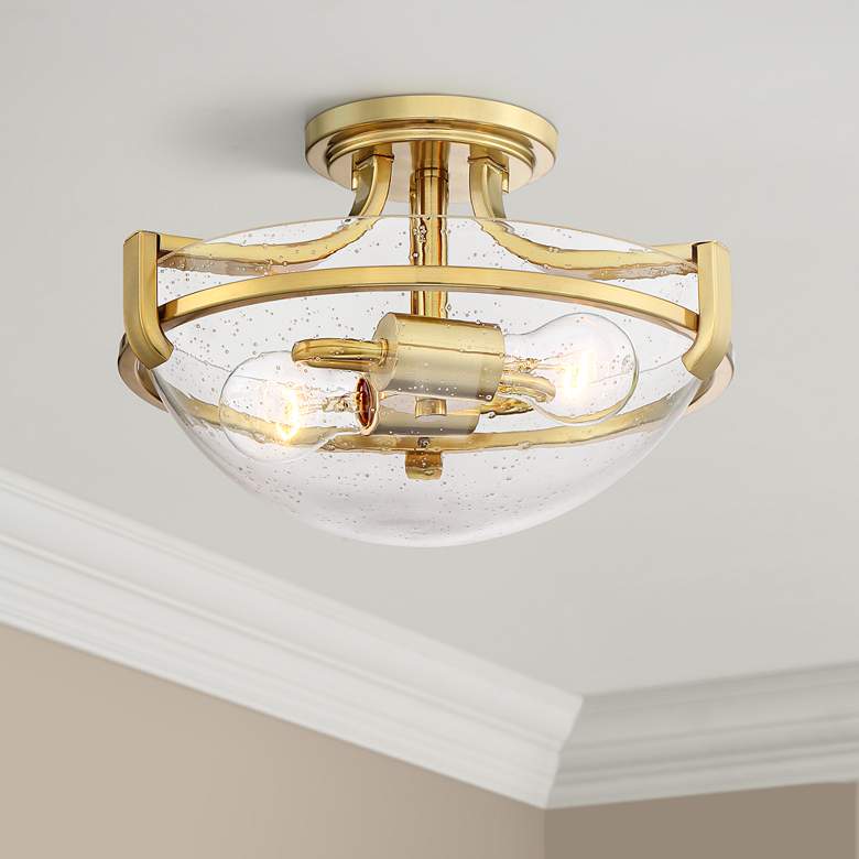 Image 1 Regency Hill Mallot 13" Brass and Clear Seeded Glass Ceiling Light