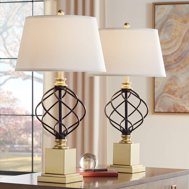 Regency Hill Montecito 31 1/2&quot; Gold Black Cage Table Lamps Set of 2