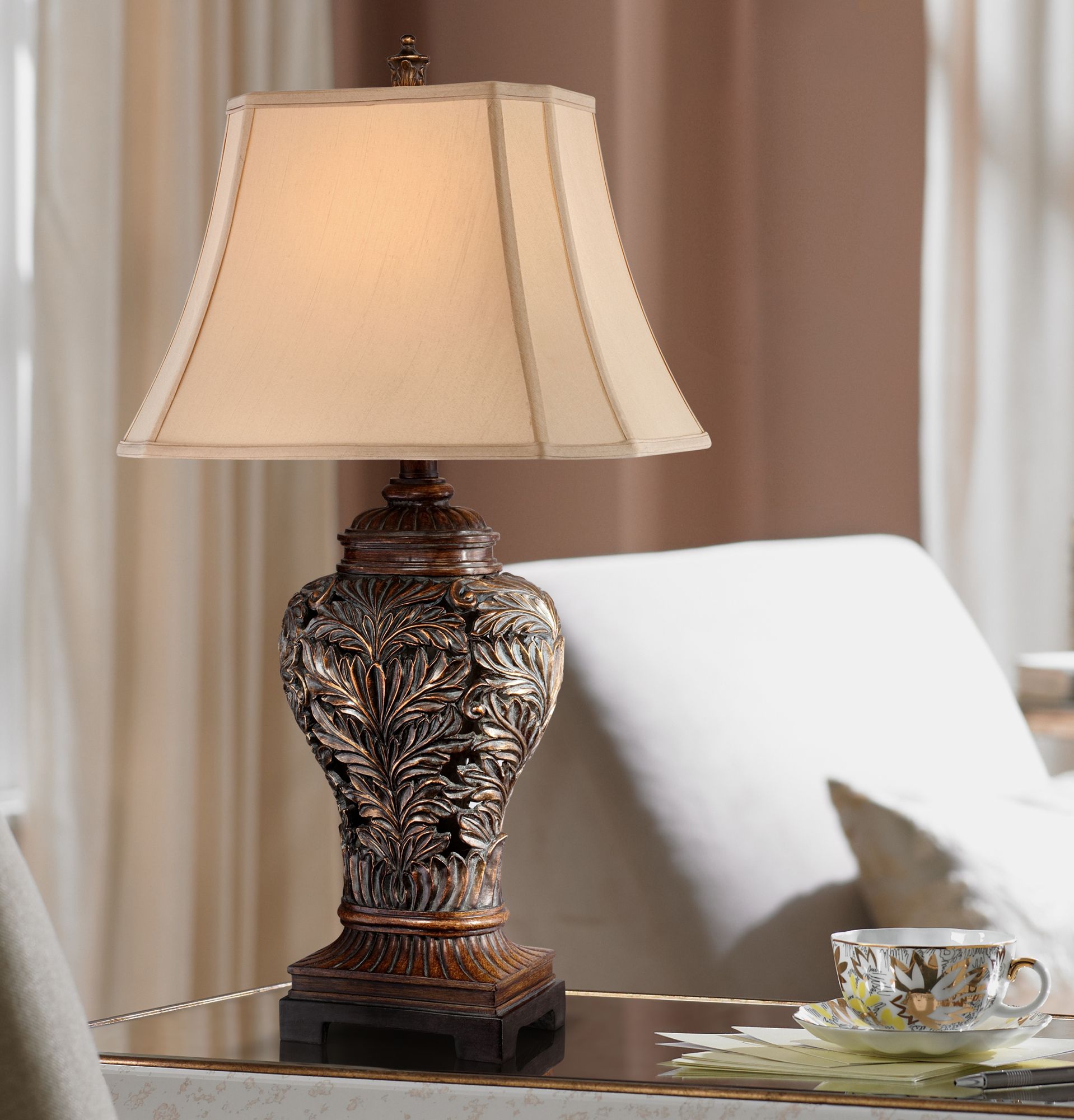 Regency Hill Oak 32 1/2" Leafwork Traditional Table Lamps Set of 2 in scene