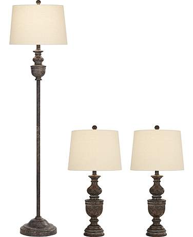 Regency Hill Rustic Vase Faux Dark Wood Finish Table and Floor Lamp Set