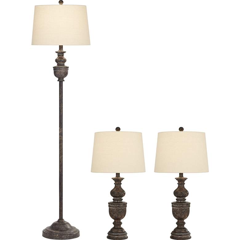 Image 1 Regency Hill Rustic Vase Faux Dark Wood Finish Table and Floor Lamp Set