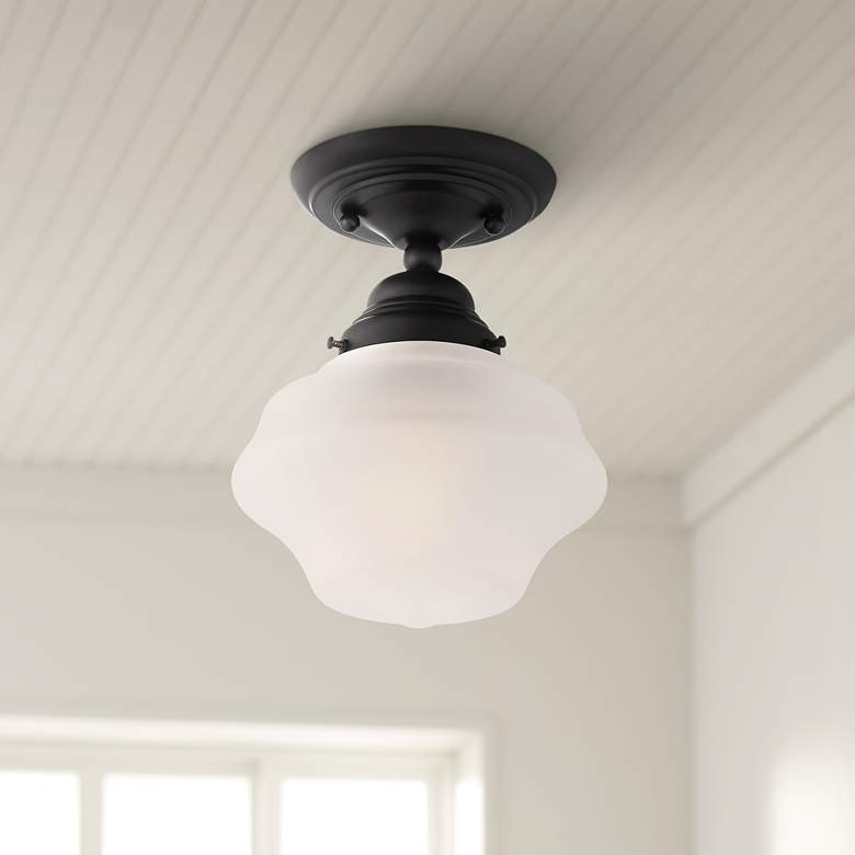 Image 1 Regency Hill Schoolhouse 7 inch Wide Black and Frosted Glass Ceiling Light