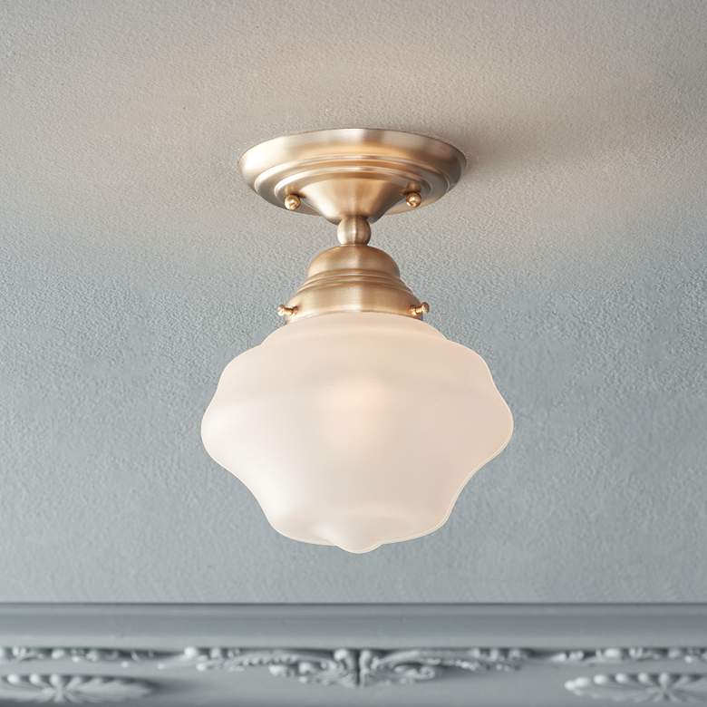 Image 1 Regency Hill Schoolhouse Floating 7" Brass Frosted Glass Ceiling Light