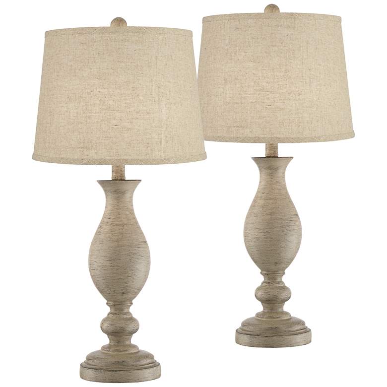 Image 1 Regency Hill Serena Beige Gray Faux Wood Burlap Linen Table Lamps Set of 2