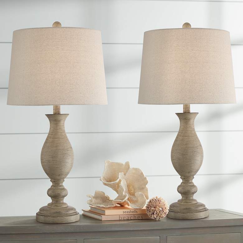 Image 1 Regency Hill Serena Beige Gray Wood Finish Table Lamps Set of 2