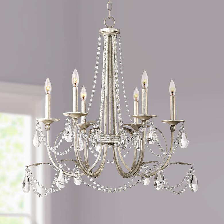 Image 1 Regency Hill Strand 28" Silver Leaf and Crystal 6-Light Chandelier