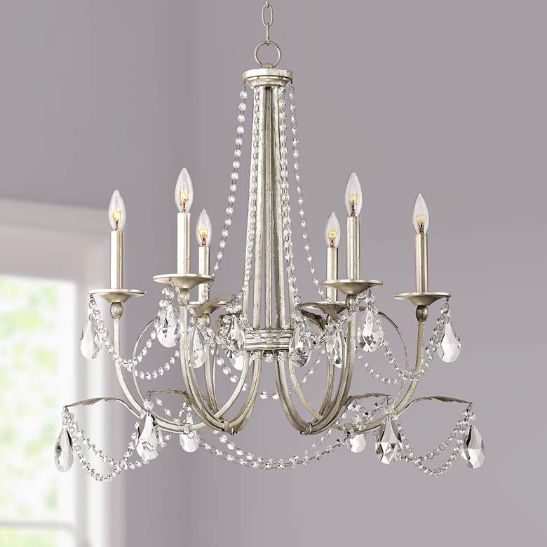 Image 1 Regency Hill Strand 28 inch Silver Leaf and Crystal 6-Light Chandelier