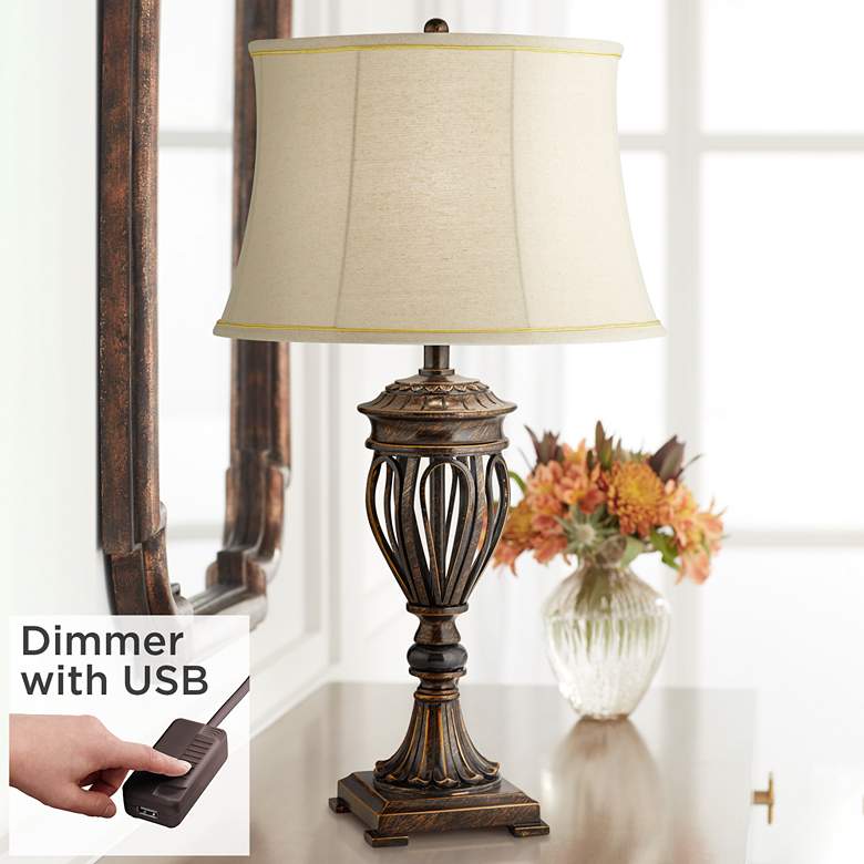 Image 1 Regency Hill Traditional Bronze Open Base Table Lamp with USB Cord Dimmer