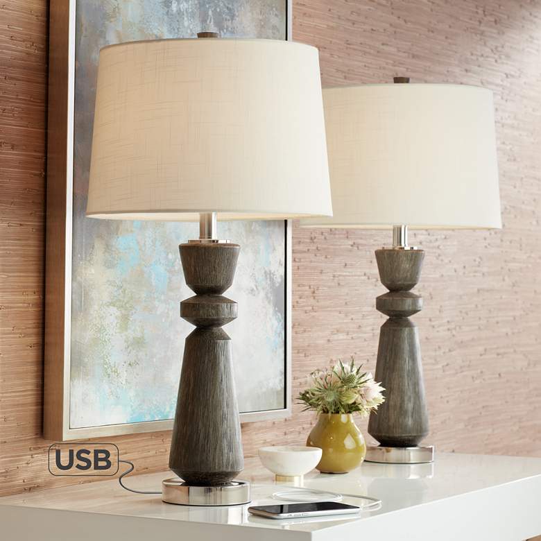 Image 1 Regency Hill Wood Grain Rustic Modern USB Table Lamps Set of 2