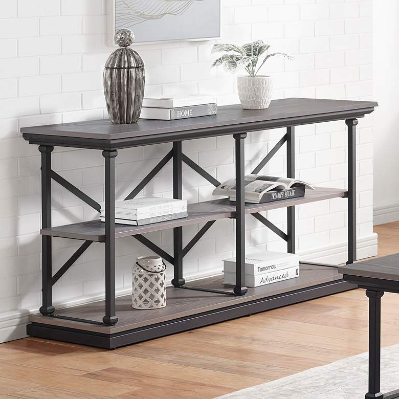 Image 1 Regorra 59"W Antique Gray and Black 2-Shelf Console Table