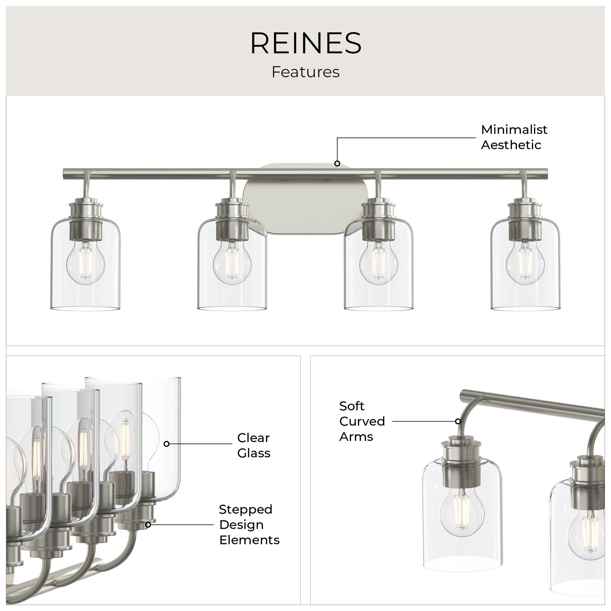 Reines Four-Light Bath Vanity with Clear Glass Shades