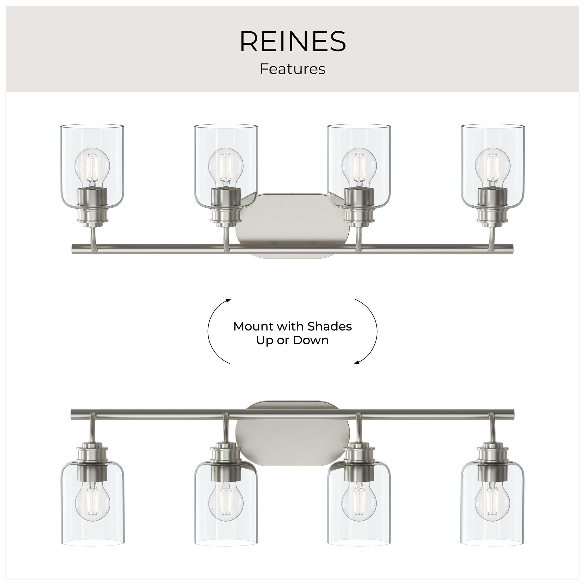 Reines Four-Light Bath Vanity with Clear Glass Shades