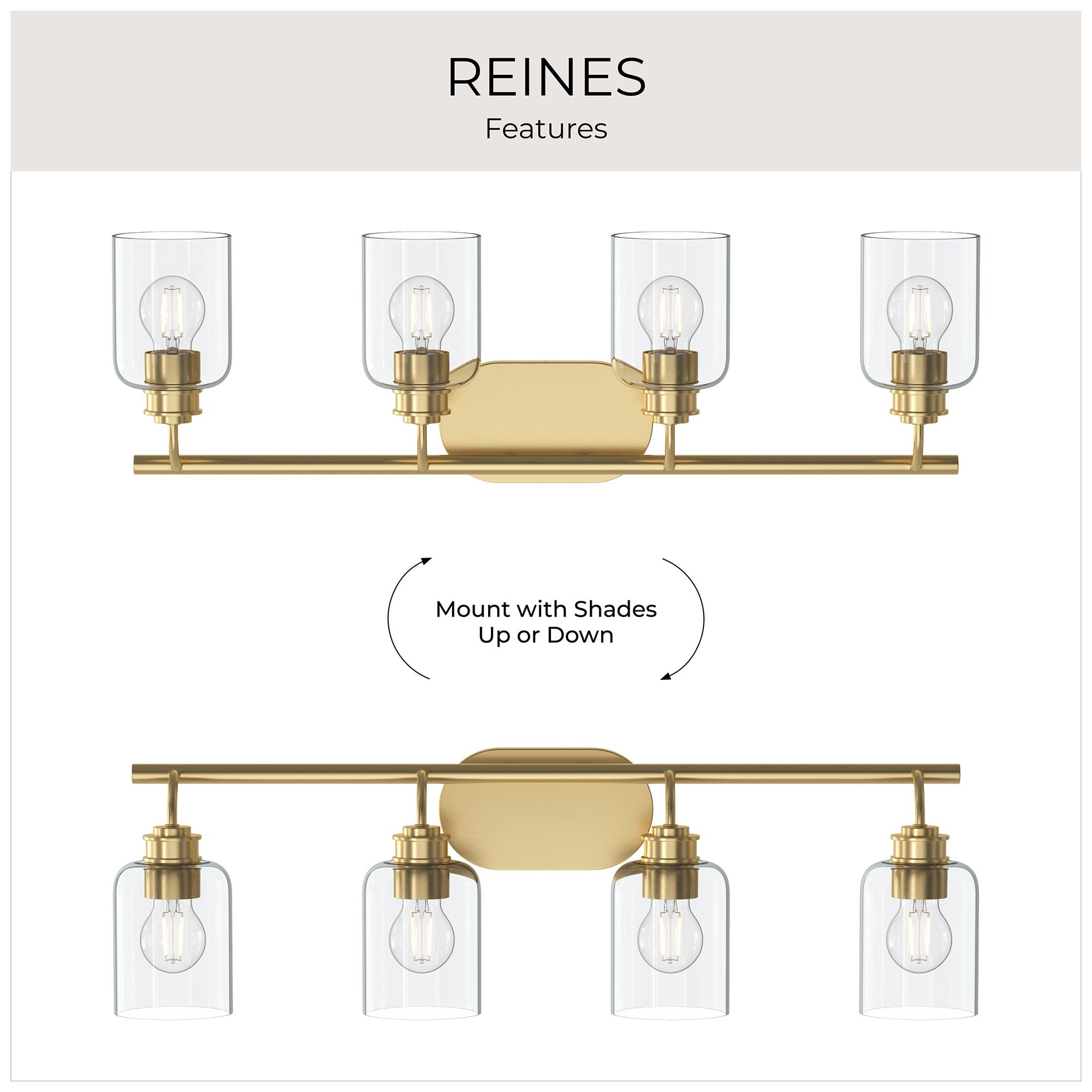 Reines Four-Light Bath Vanity with Clear Glass Shades