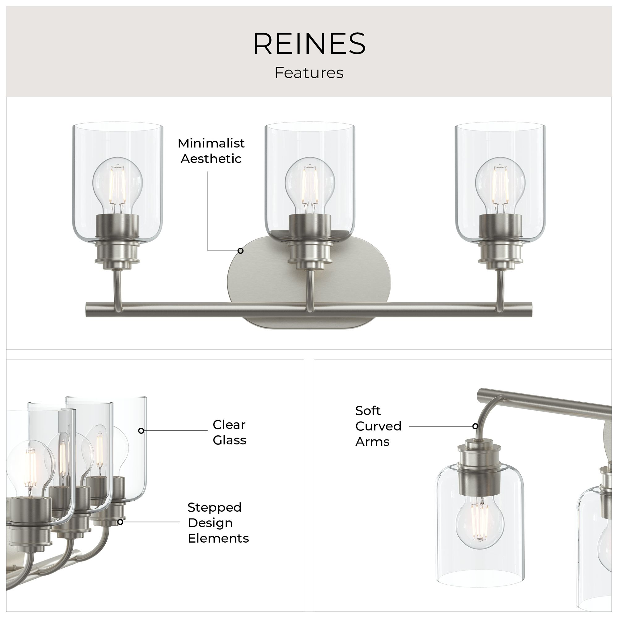 Reines Three-Light Bath Vanity with Clear Glass Shades