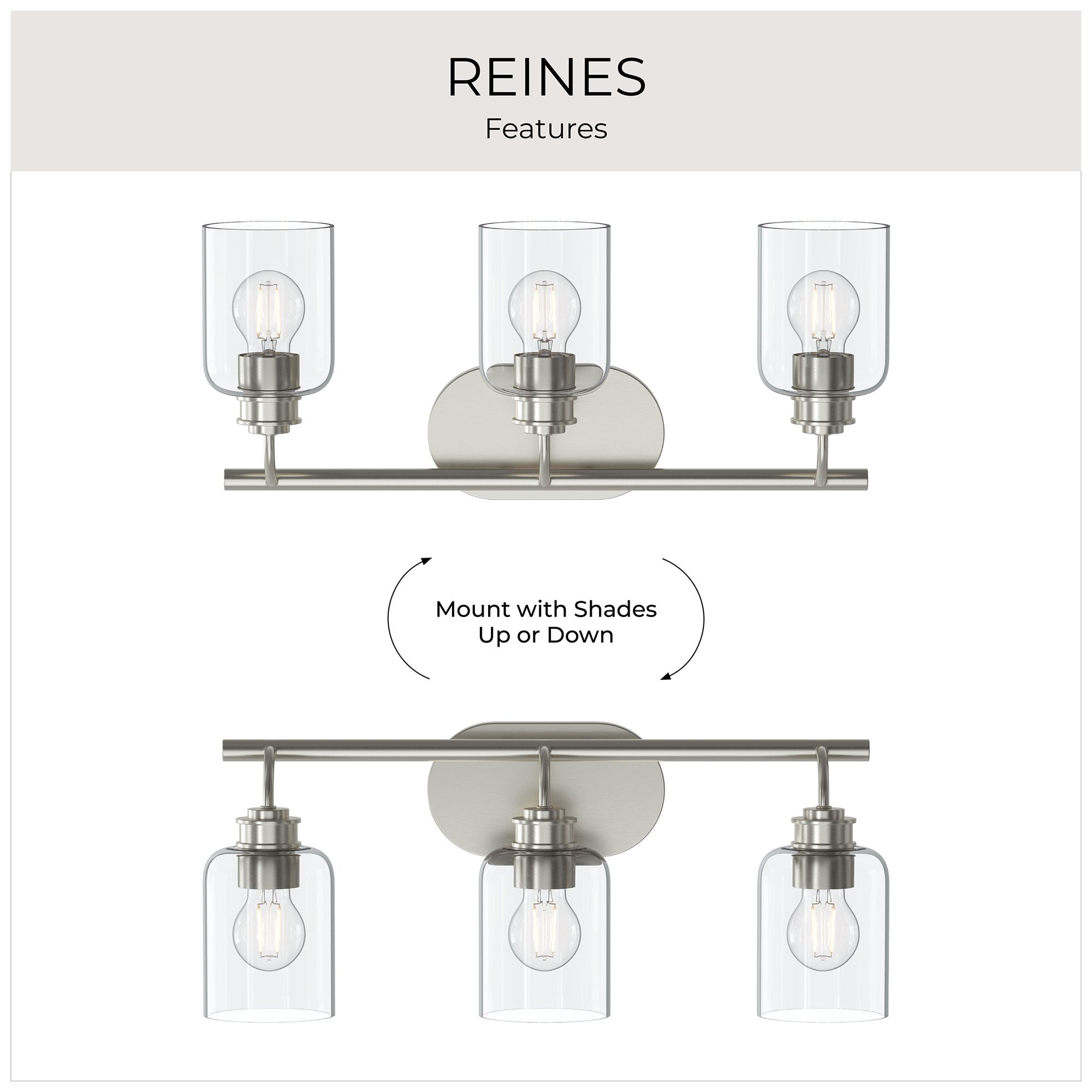 Reines Three-Light Bath Vanity with Clear Glass Shades