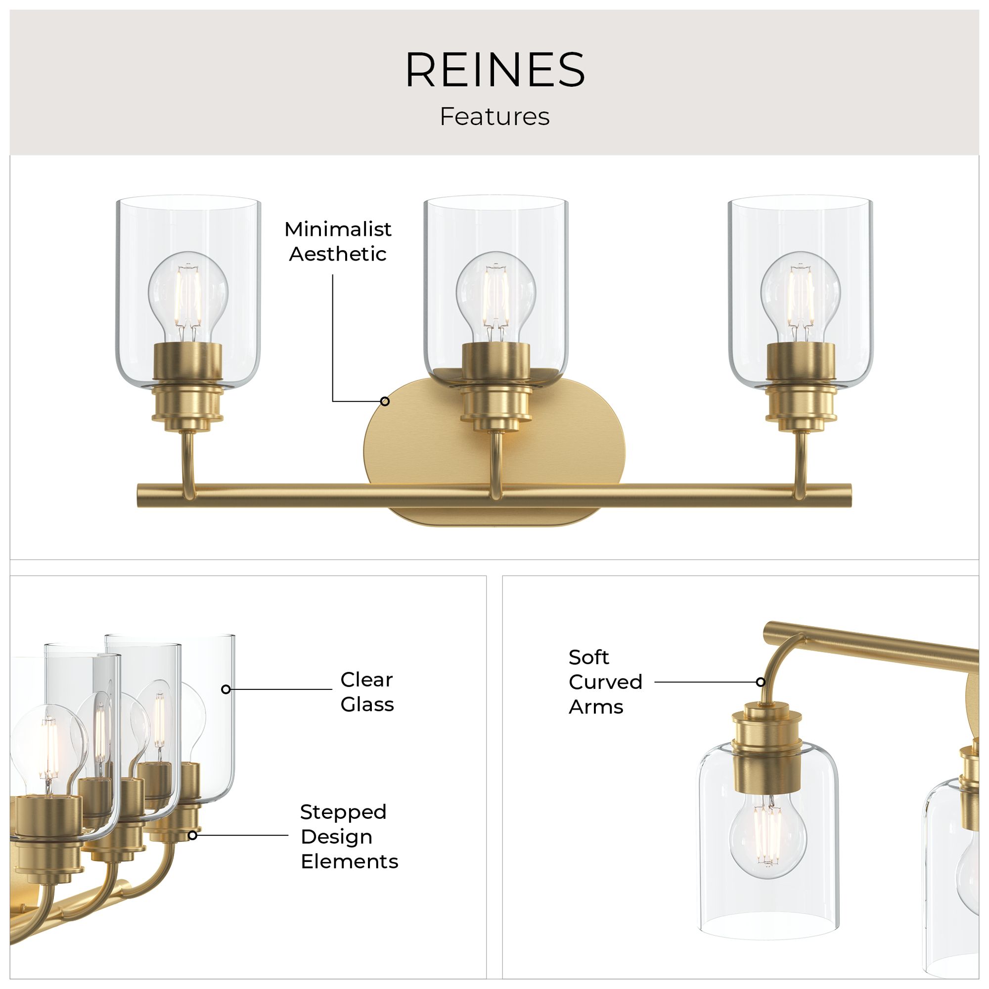 Reines Three-Light Bath Vanity with Clear Glass Shades