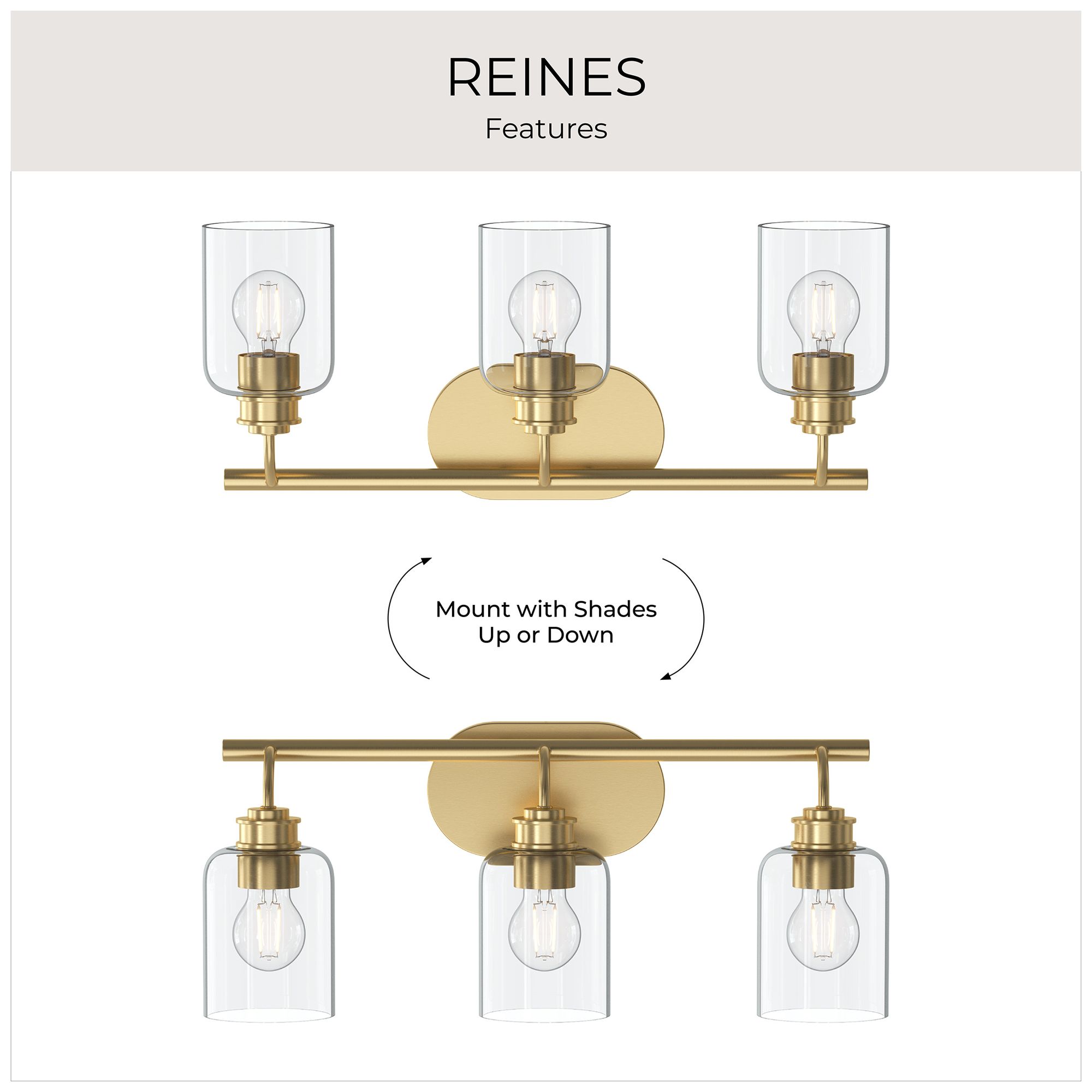 Reines Three-Light Bath Vanity with Clear Glass Shades