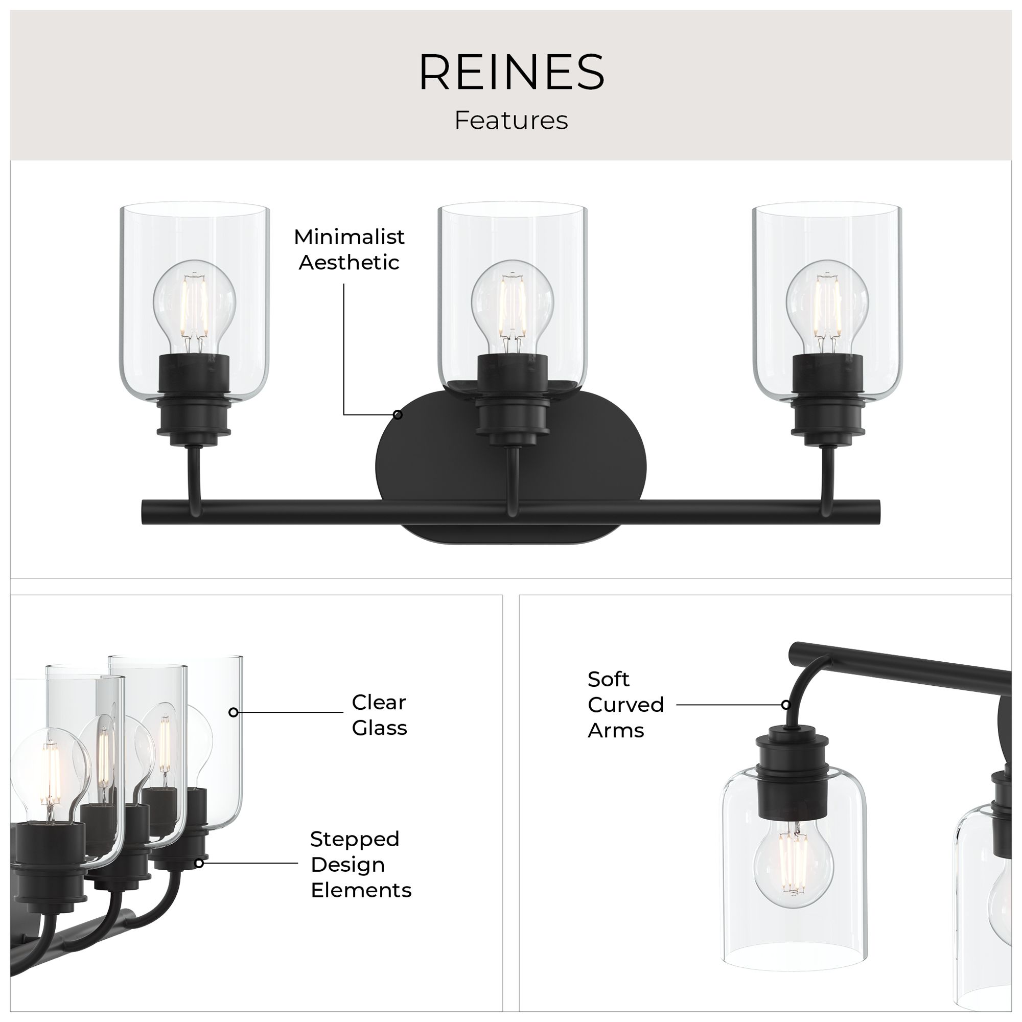 Reines Three-Light Bath Vanity with Clear Glass Shades