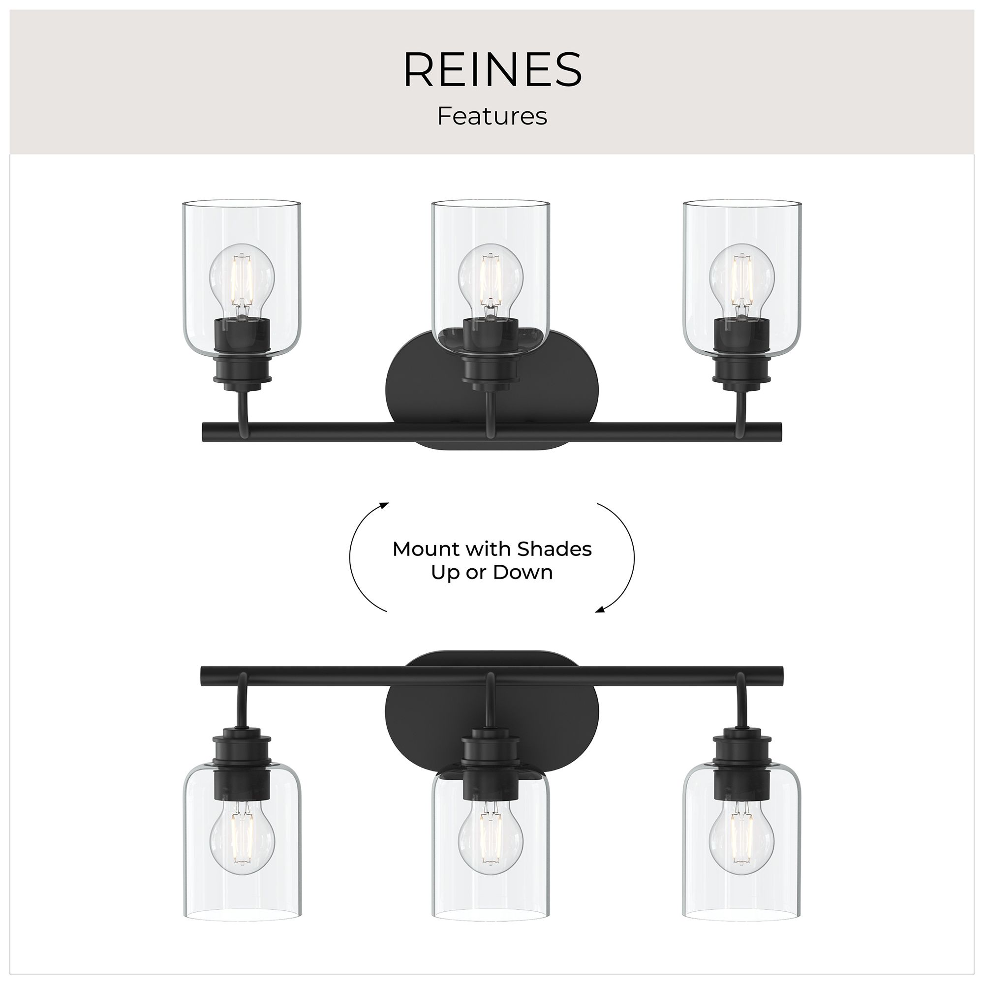 Reines Three-Light Bath Vanity with Clear Glass Shades