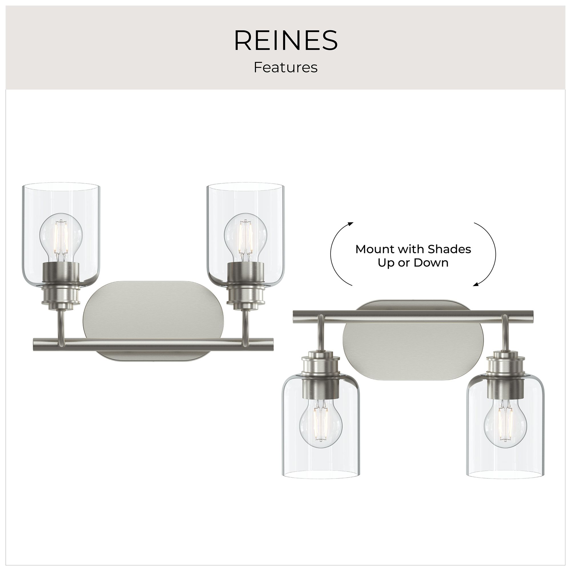 Reines Two-Light Bath Vanity with Clear Glass Shades