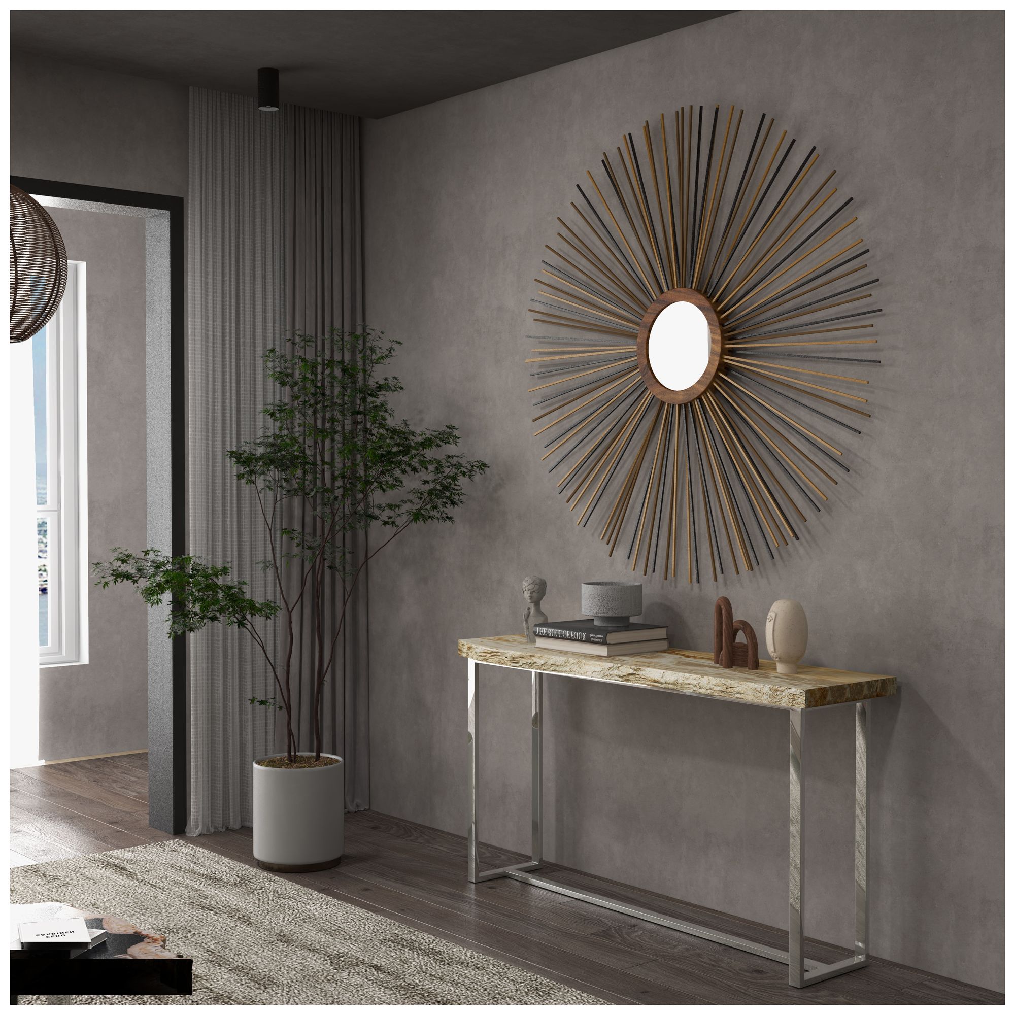 Relique 60" Wide Natural Light, Polished Stainless Steel Console Table