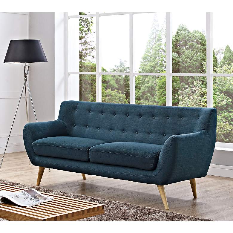 Image 1 Remark 74" Wide Azure Blue Fabric Tufted Modern Sofa
