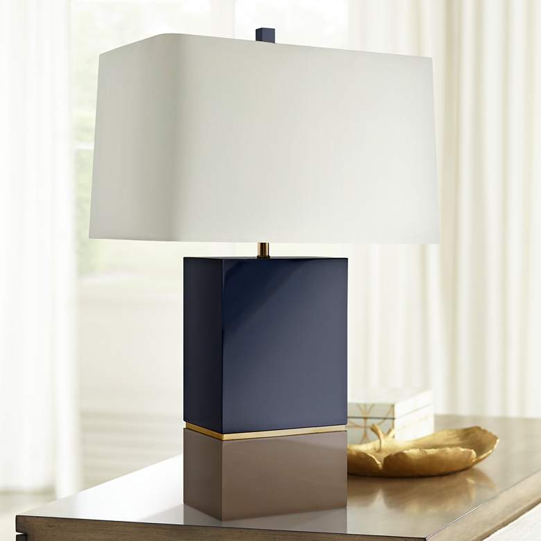 Image 1 Rembrandt Navy and Taupe Lacquer Rectangular Wood Table Lamp