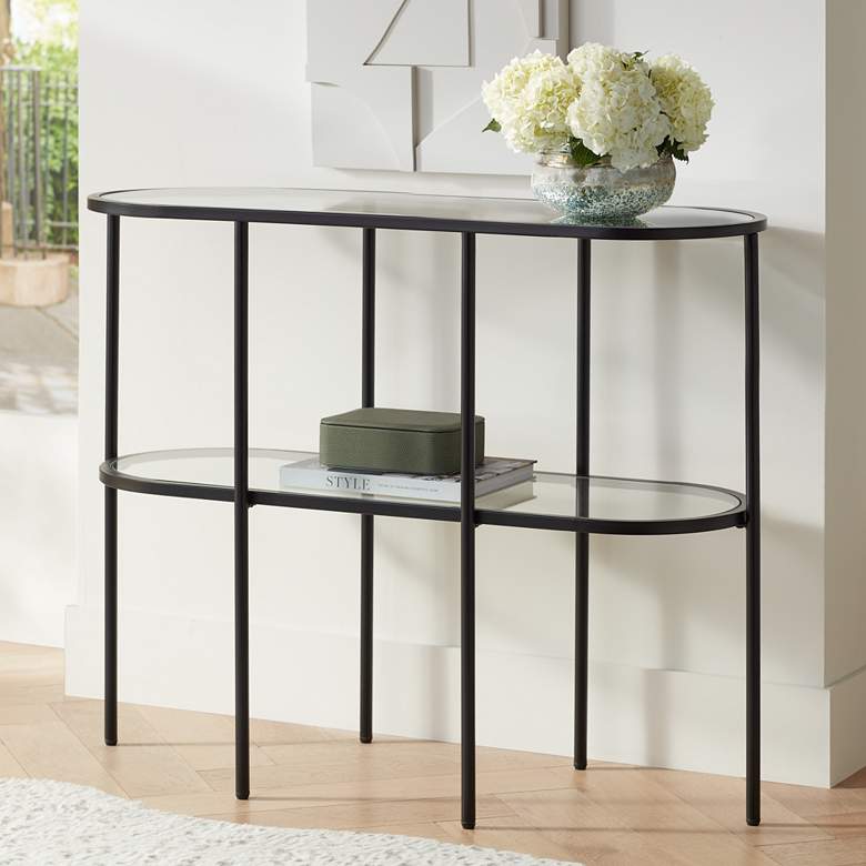 Image 1 Remy 40 inch Wide Sandy Black Oval Glass Console Table