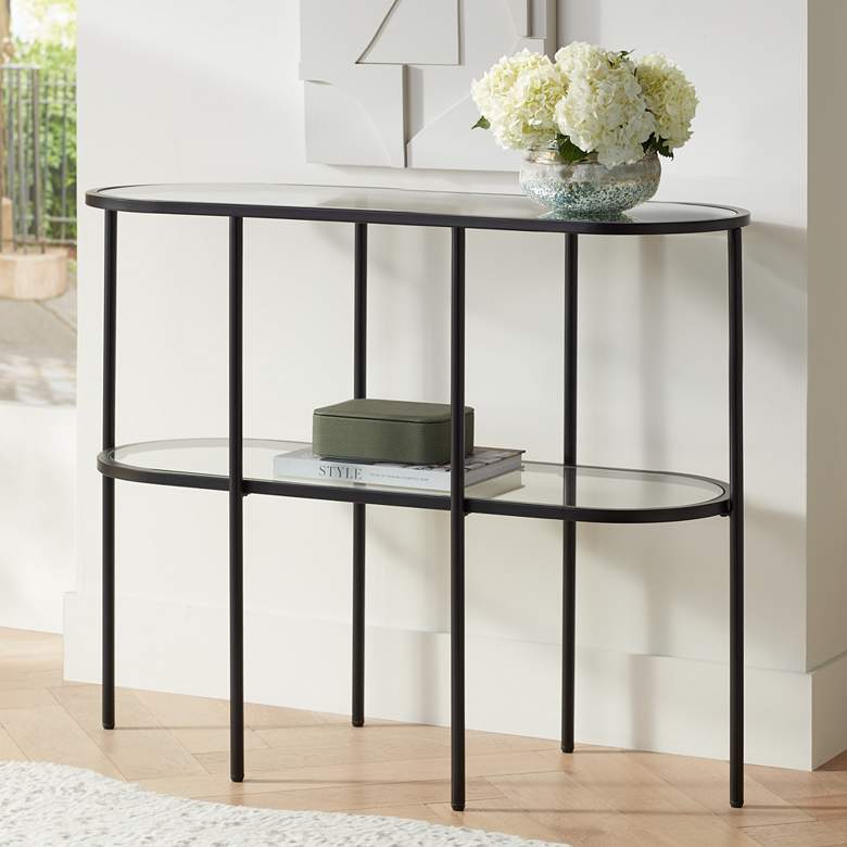 Image 2 Remy 40" Wide Sandy Black Oval Glass Console Table