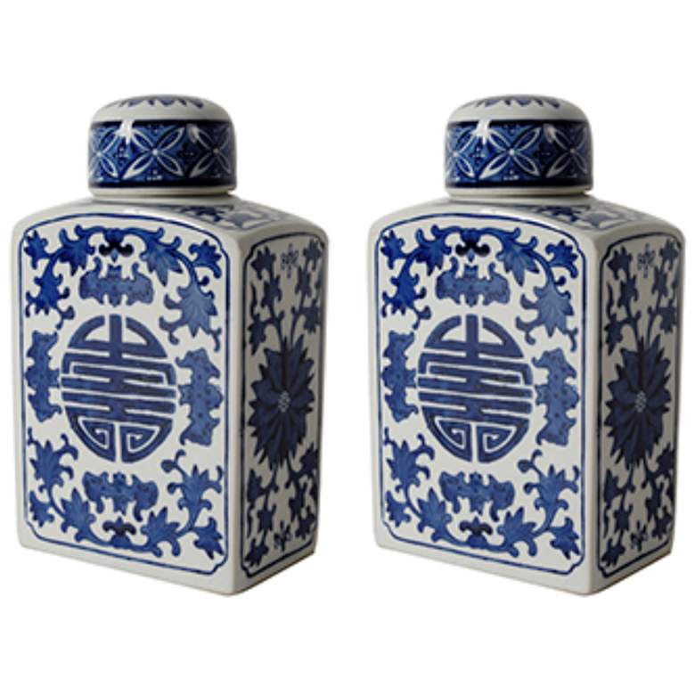 Image 1 Ren 8.5 inch Tall Rectangular Blue &#38; White Lidded Jar - Set of 2