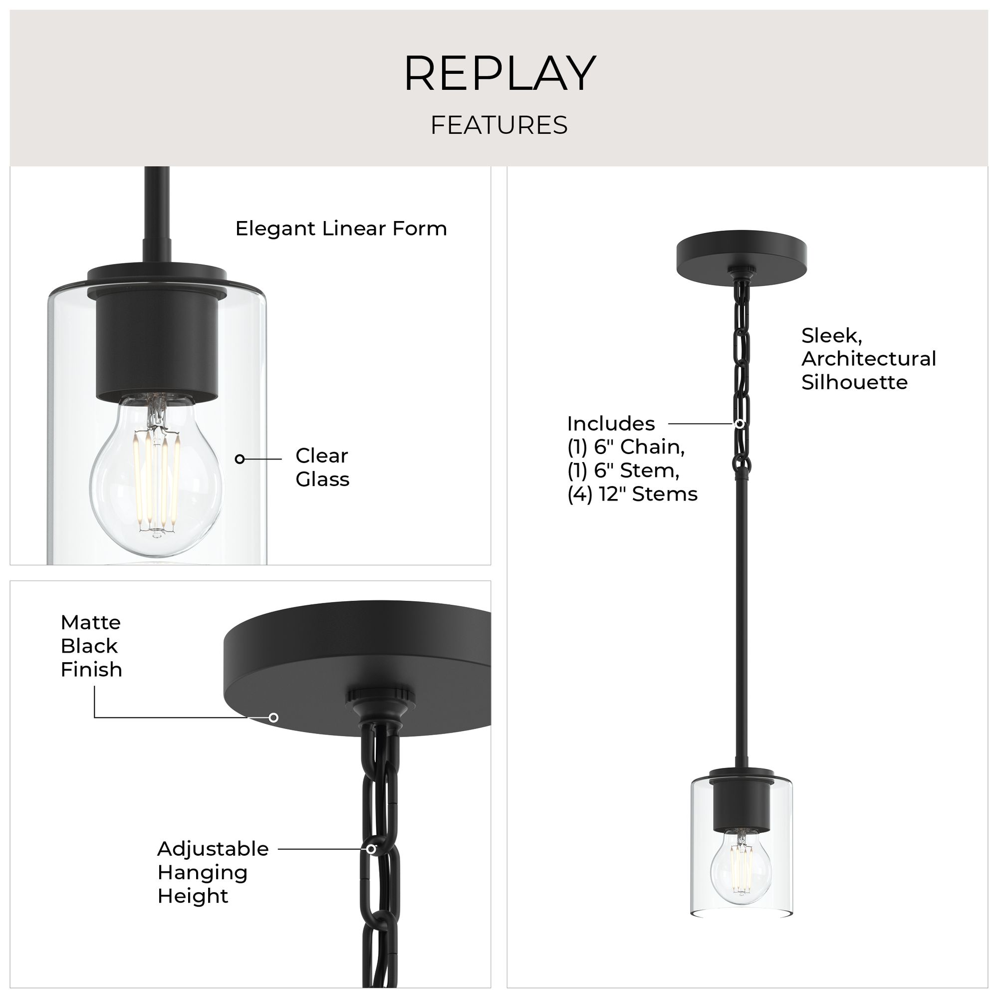 Image 3 Replay Collection 1-Light Black Mini-Pendant with Clear Glass Shade more views