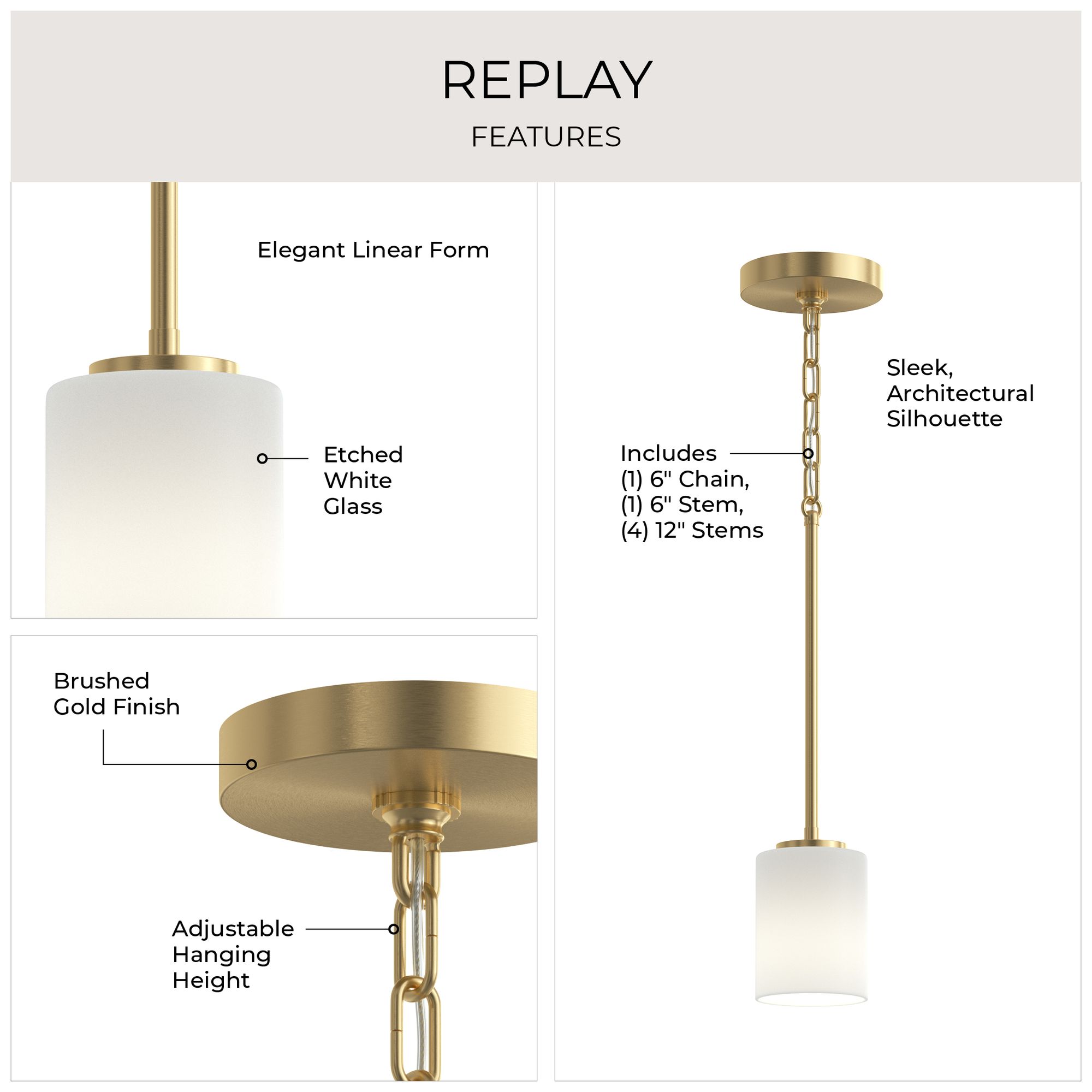 Image 3 Replay Collection 1-Light Brushed Gold Mini-Pendant with Etched Glass Shade more views
