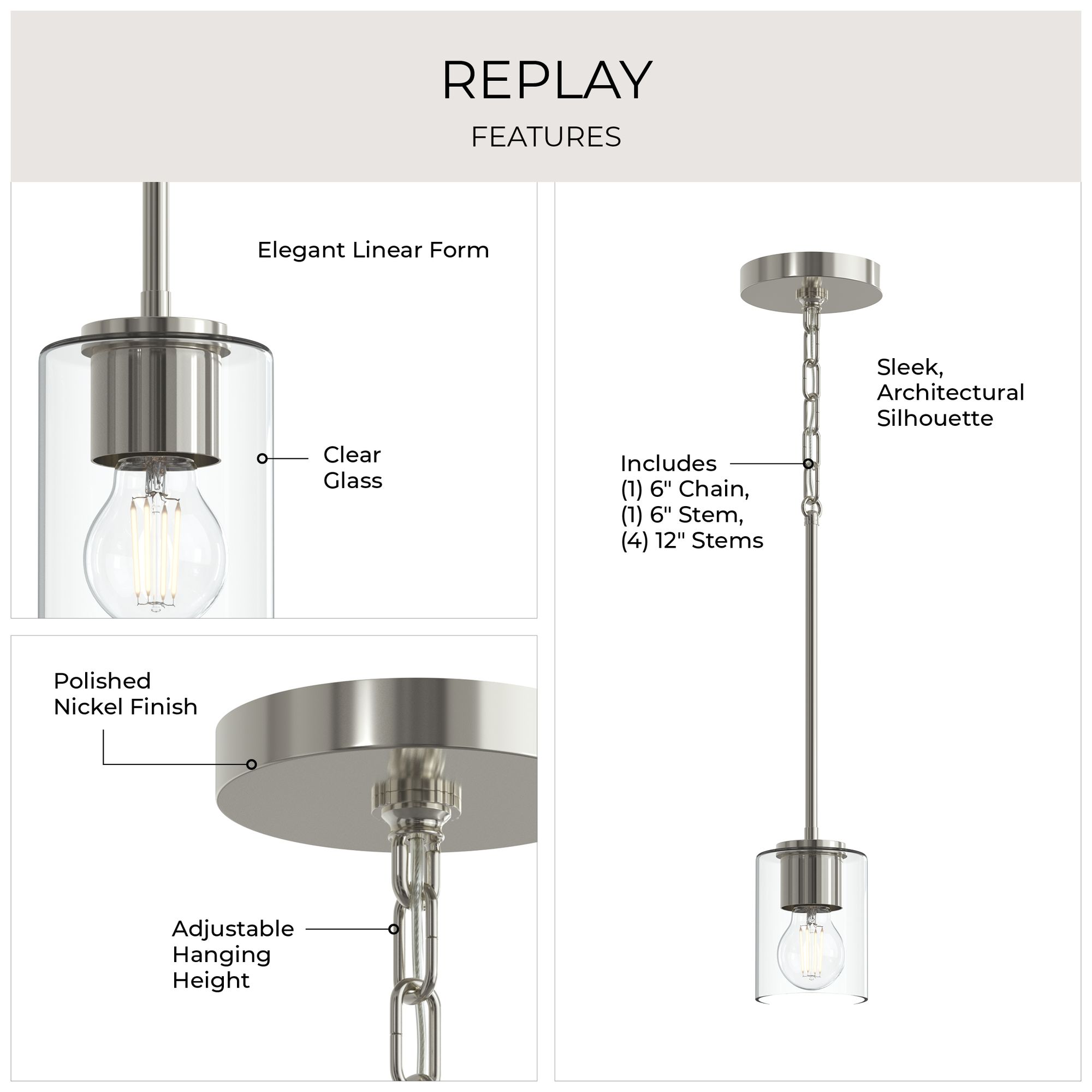 Image 3 Replay Collection 1-Light Polished Nickel Mini-Pendant w/Clear Glass Shade more views