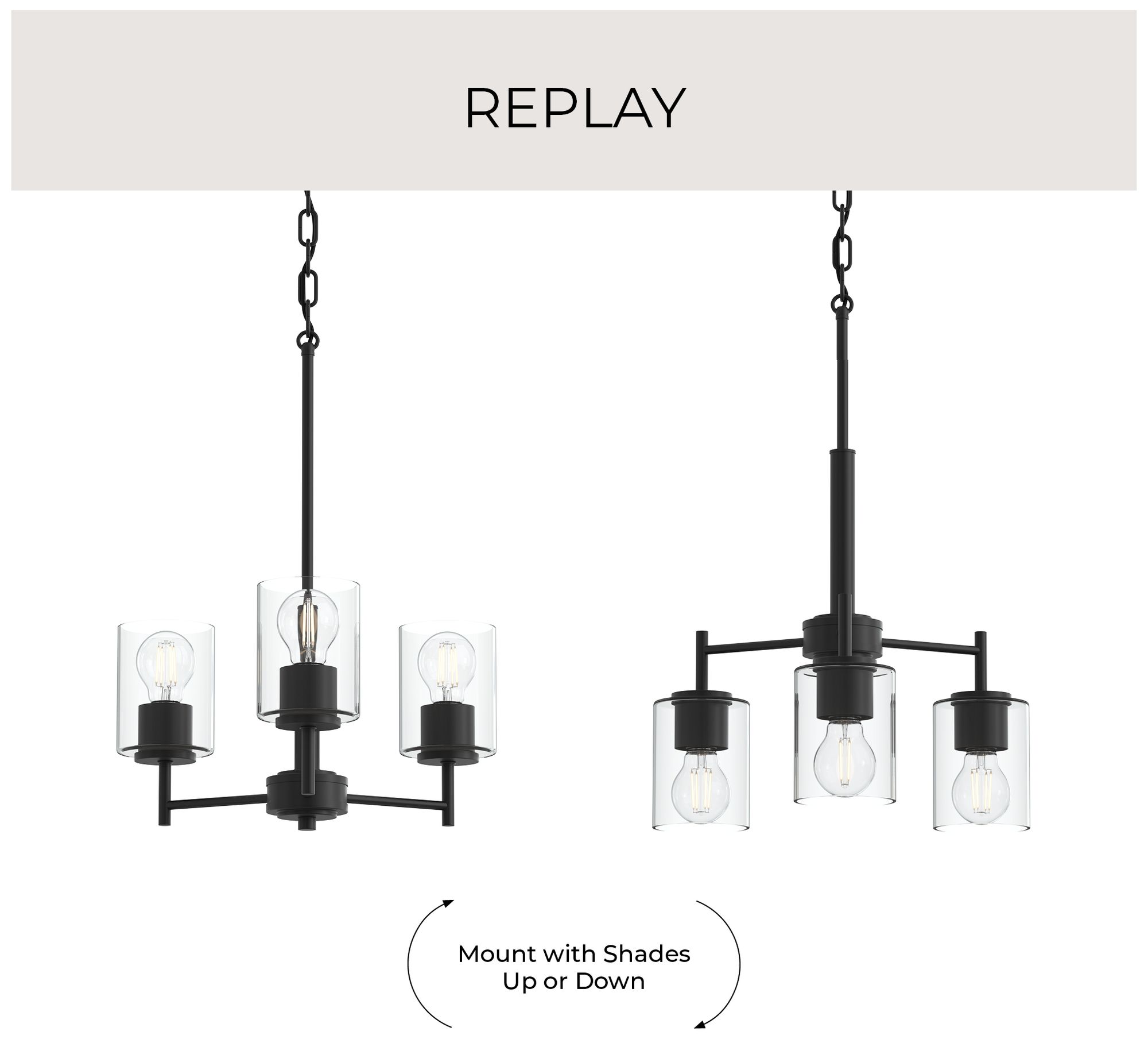 Image 2 Replay Collection 3-Light Black Chandelier with Clear Glass Shades more views